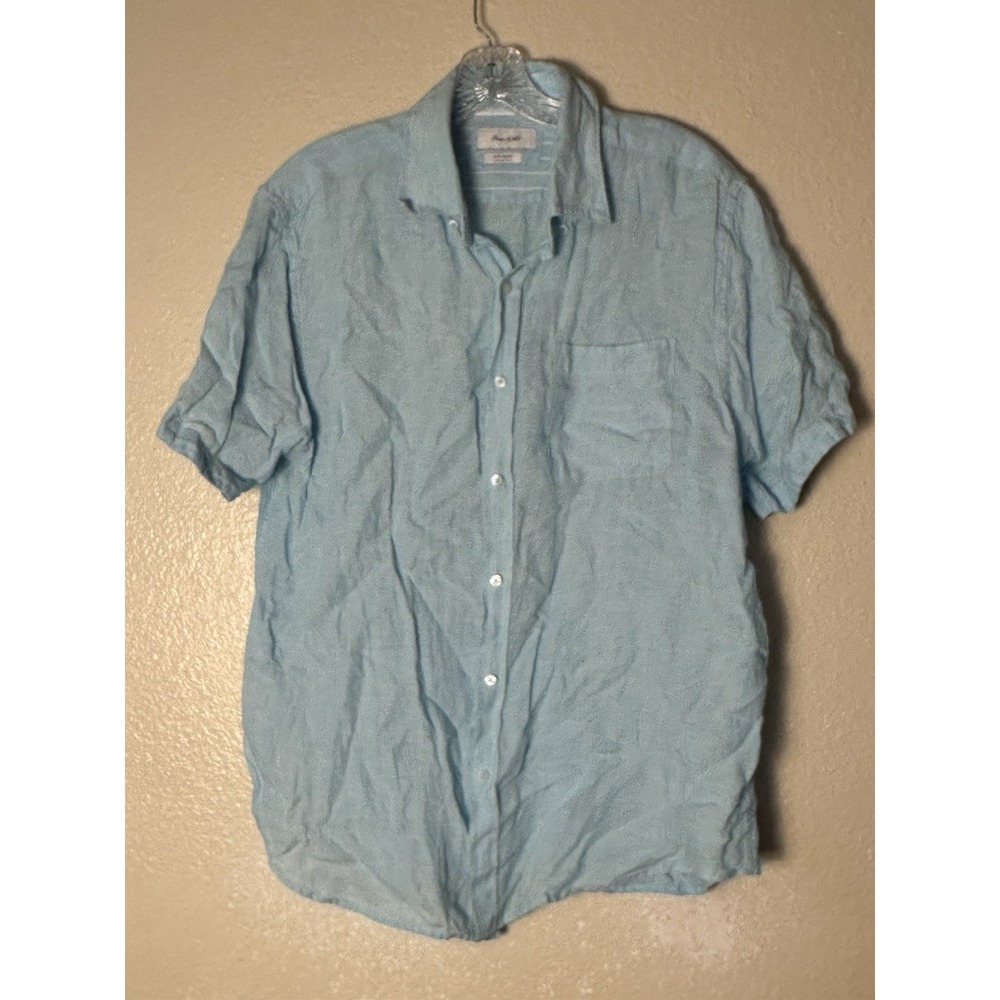 Porter & Ash Linen Shirt Short Sleeve Baby Blue Button Down Size L
